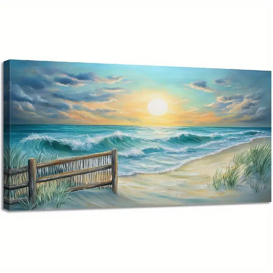 Nautical Sunset Beach Ocean Waves Coastal Wall Art canvas office home room framed 120x60cm