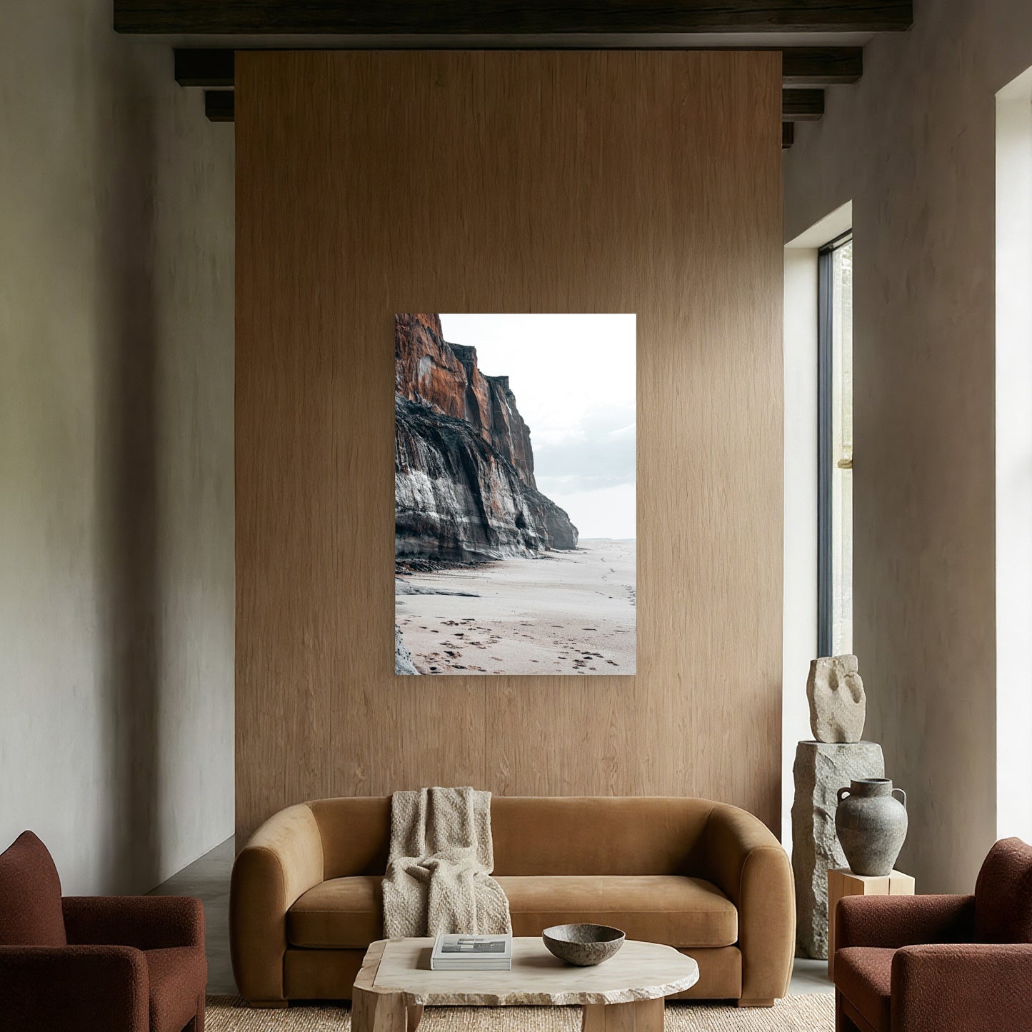 Cliffs Towering Over A Sandy Beach 40x60cm Metal Print Ready to Hang