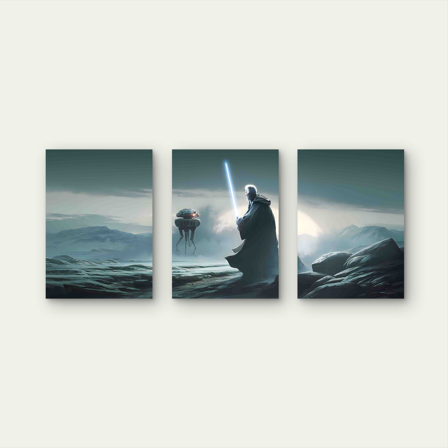 3pcs Sage with Glowing Laser Sword Desert Planet Metal Print Ready to Hang Art