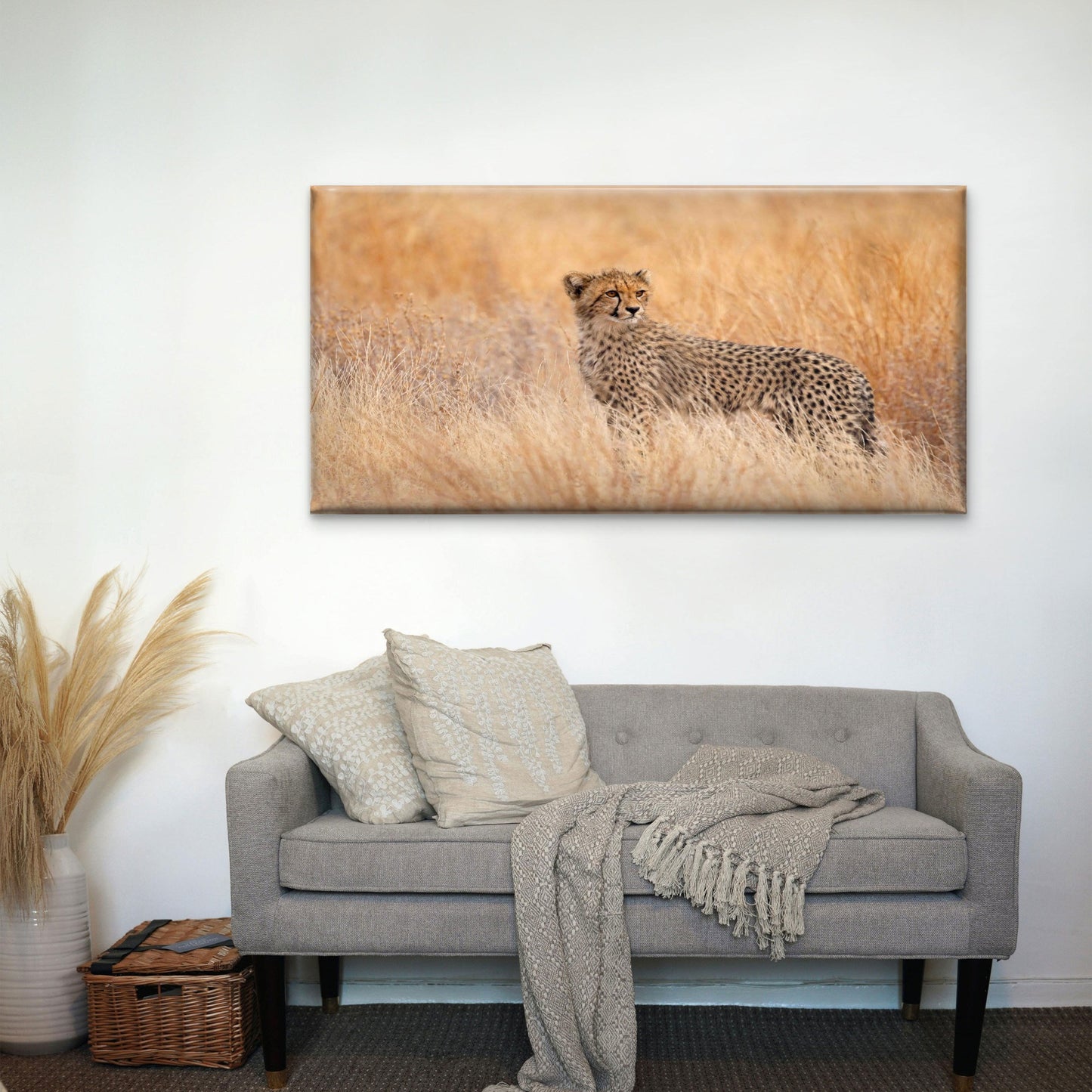 Spotted Wild Cat in Golden FieldWall Art Canvas Office Home Room Framed 120x60cm - Bella Home Decor