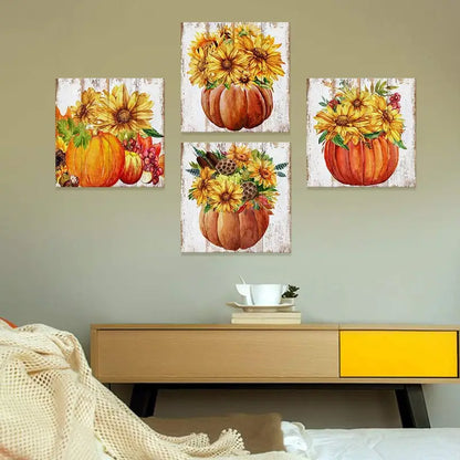 4pcs Colorful Pumpkin  Sunflower Wall Art Canvas Framed