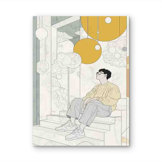 Young Man in Thought on Steps 60x90cm Metal Print Ready to Hang