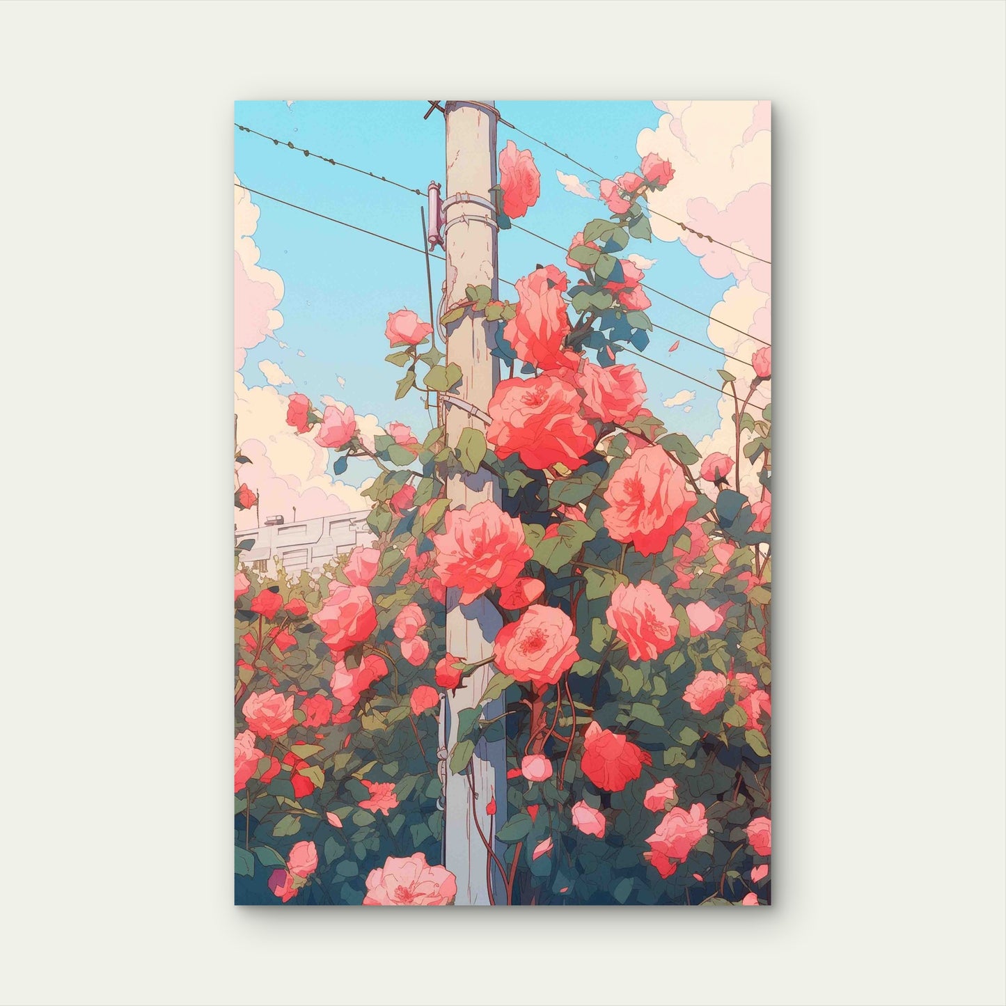 Ghibli Style Featuring Pink Roses 60x90cm Metal Print Ready to Hang