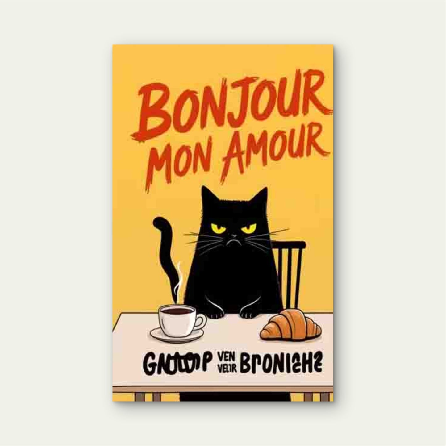 Black Cat Coffee and Croissant Bonjour Mon Amour 60x90cm Metal Print Ready to Hang