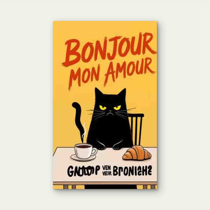 Black Cat Coffee and Croissant Bonjour Mon Amour 60x90cm Metal Print Ready to Hang