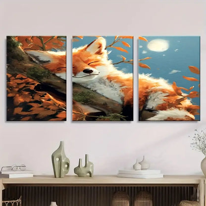 3pcs Orange & White Baby Fox Sleeping On Tree Bran Metal Print Ready to Hang Art