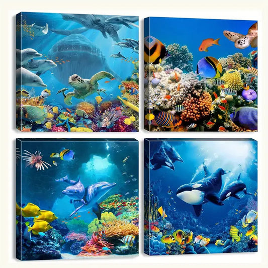 4pcs Marine Animals  Dolphin Pictures   Wall Art Canvas Framed