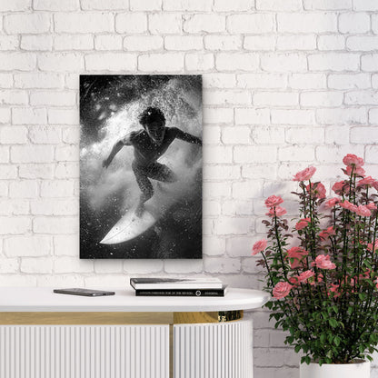 Black & White Dynamic Surfer Wave Photo 60x90cm Metal Print Ready to Hang - Bella Home Decor