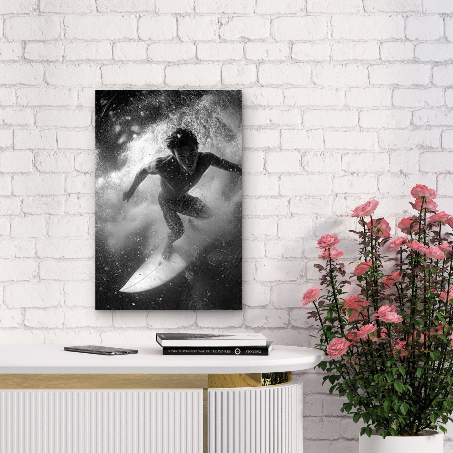 Black & White Dynamic Surfer Wave Photo Metal Print Ready to Hang - Bella Home Decor