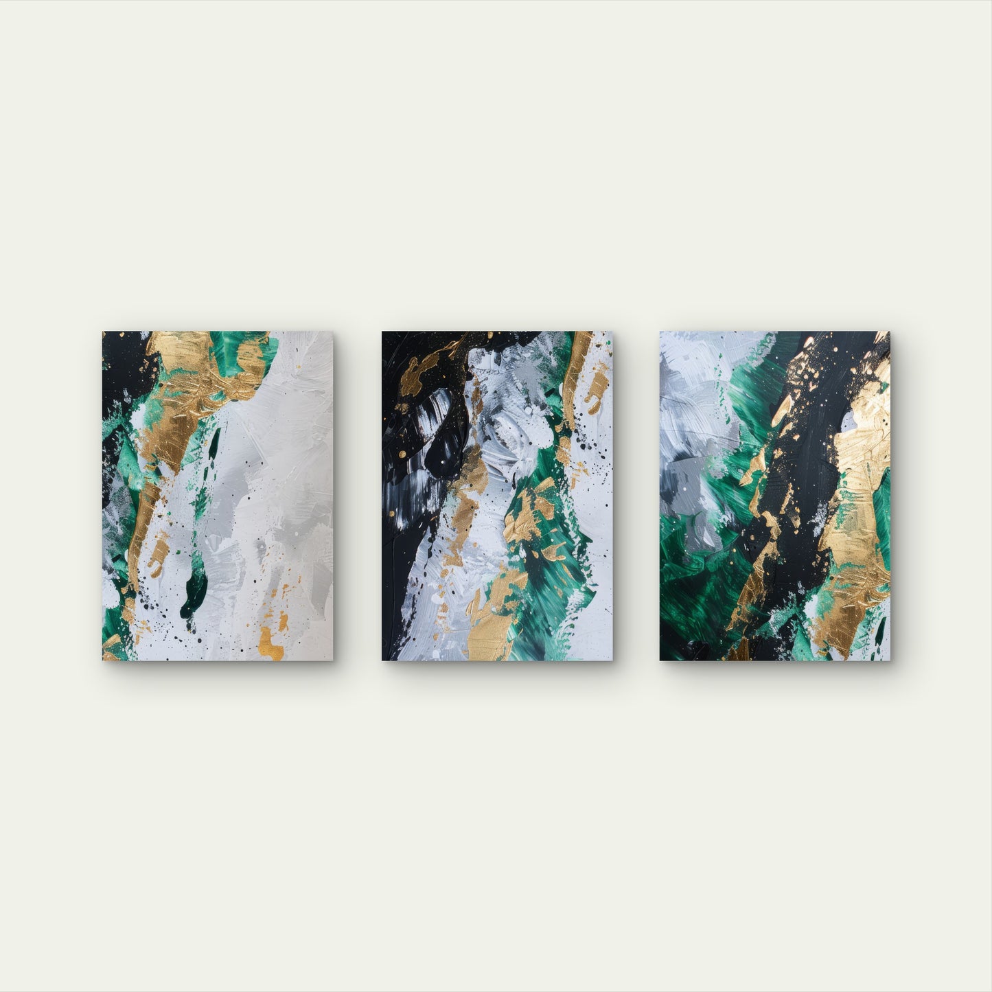 3pcs Modern Green Gold Foil Fluid Wall Art Set Canvas Framed 60x90cm - High Quality Print 100% Australian Made Wall Canvas Ready to Hang