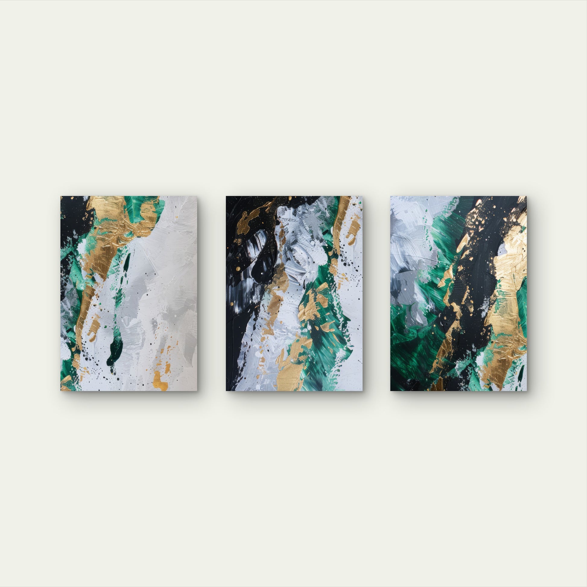 3pcs Modern Green Gold Foil Fluid Wall Art Set Canvas Framed 60x90cm - High Quality Print 100% Australian Made Wall Canvas Ready to Hang