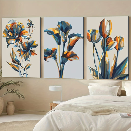 3pcs Colorful Abstract Geometric Floral Artwork Wall Art Set Canvas Framed 40x60cm - High Quality Print 100% Australian Made Wall Canvas Ready to Hang