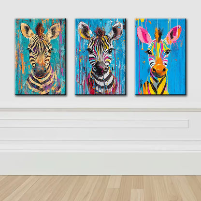 3pcs A vibrant zebra Wall Art Set Canvas Framed 40x60cm - High Quality Print 100% Australian Made Wall Canvas Ready to Hang - Bella Home Decor
