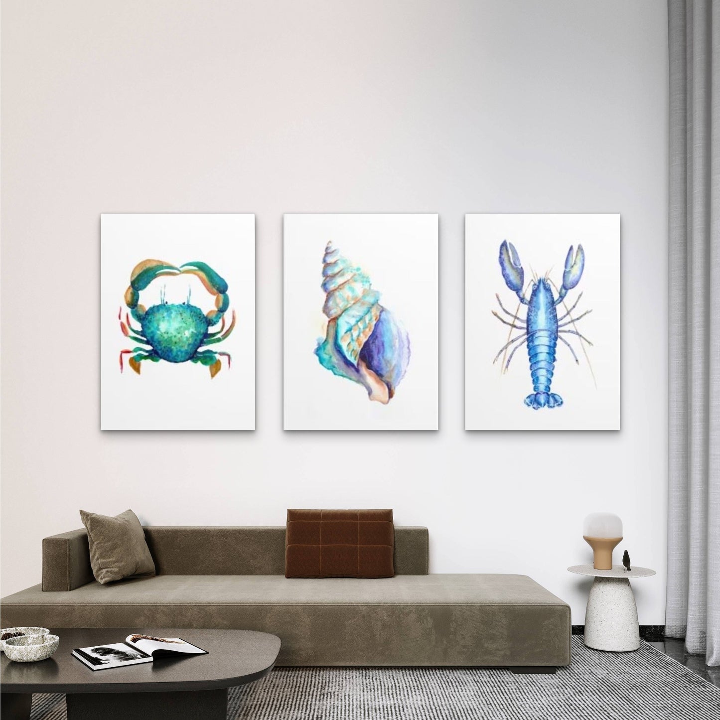 3pcs Coastal Blue Watercolor Crab Lobster Conch Wall Art Set Canvas Framed 60x90cm - High Quality Print 100% Australian Made Wall Canvas Ready to Hang - Bella Home Decor