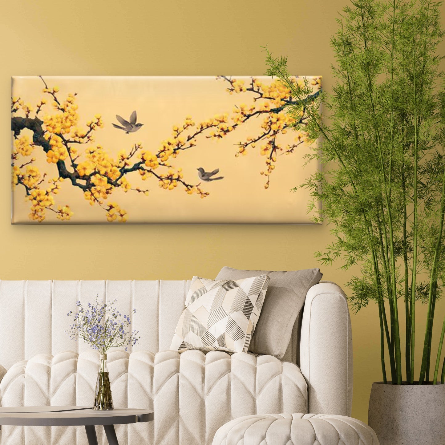 Yellow Plum Blossom & Flying Birds Chinese Traditional Wall Art Canvas Office Home Room Framed 120x60cm