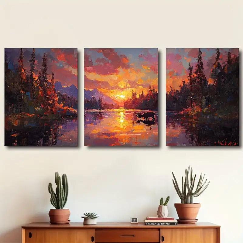 3pcs Canadian Wilderness Sunset Lake Scene Wall Art Set Canvas Framed 40x60cm - High Quality Print 100% Australian Made Wall Canvas Ready to Hang - Bella Home Decor