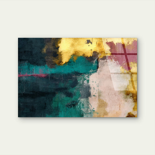 Teal Gold Abstract Brush Stroke Oil Acrylic Glass Printing Wall Art Australian Made Quality