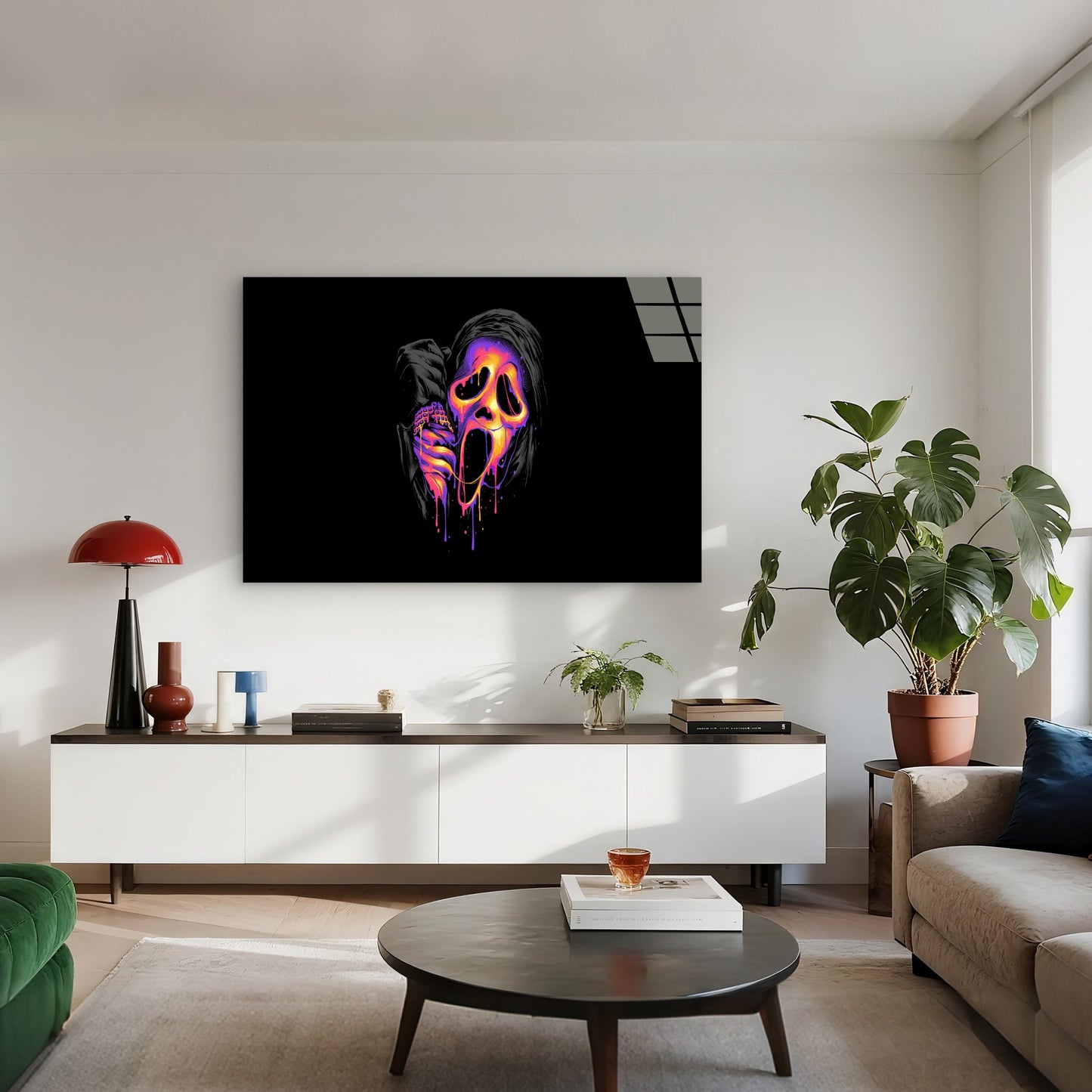 Neon Melting Ghost Mask Tempered Glass Printing Wall Art Australian Made Quality