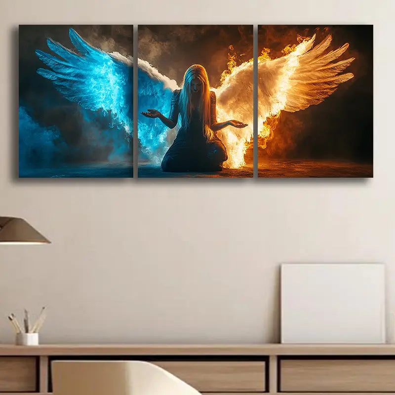 3pcs  Featuring A Woman With Wings In Blue, Orange Metal Print Ready to Hang Art - Bella Home Decor