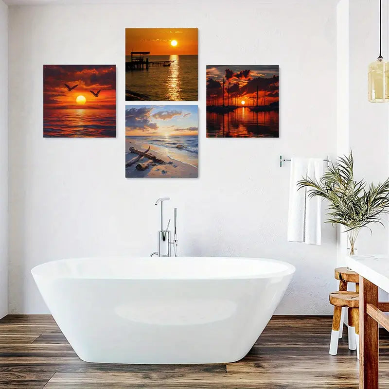 4pcs Sunset Seagulls Art Print Wall Art Canvas Framed