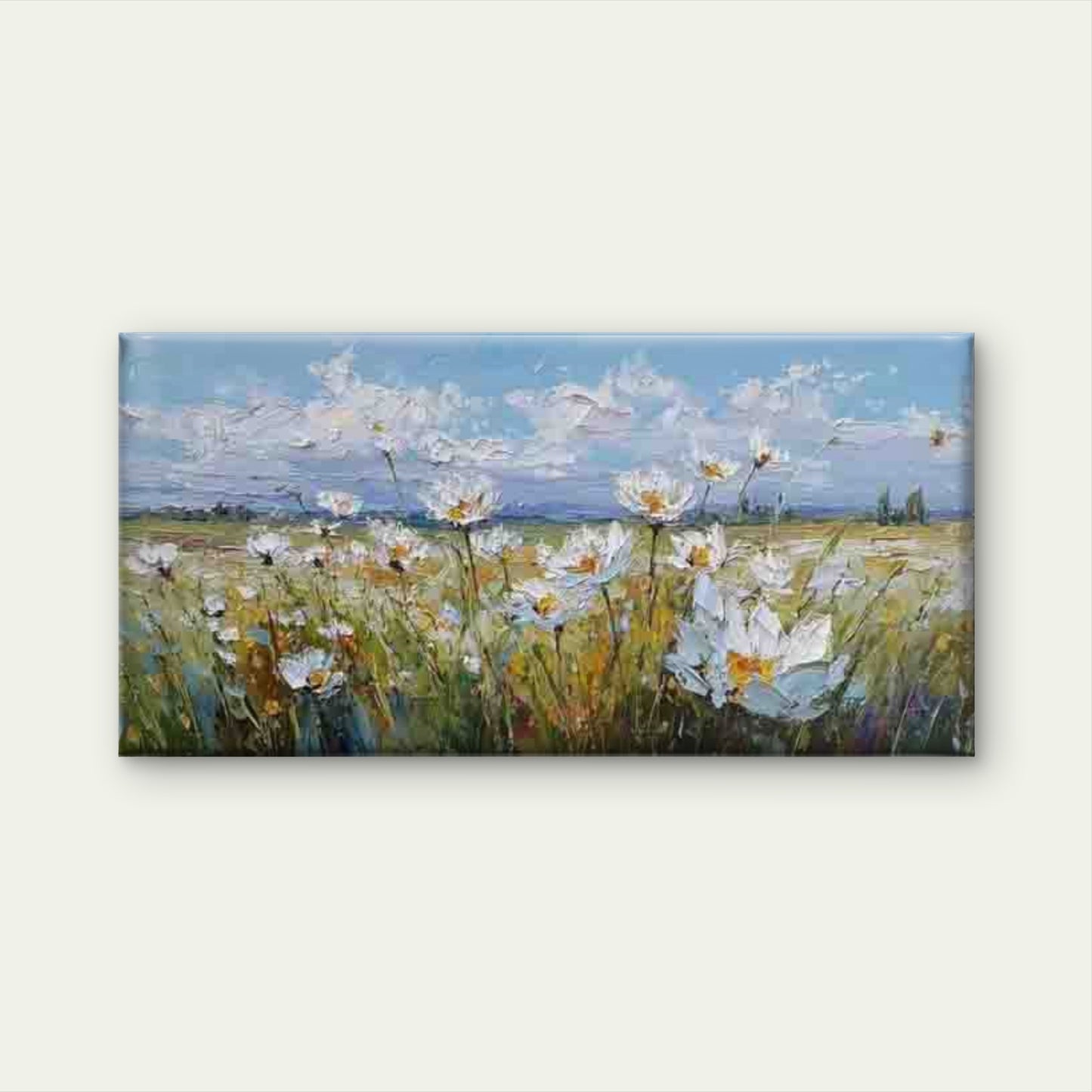 White Daisy Field Flowers Wall Art Canvas Office Home Room Framed 120x60cm