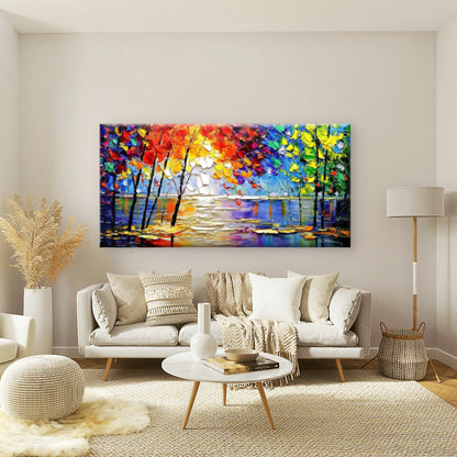Abstract Trees And Lake Lands Wall Art Canvas Office Home Room Framed 120x60cm