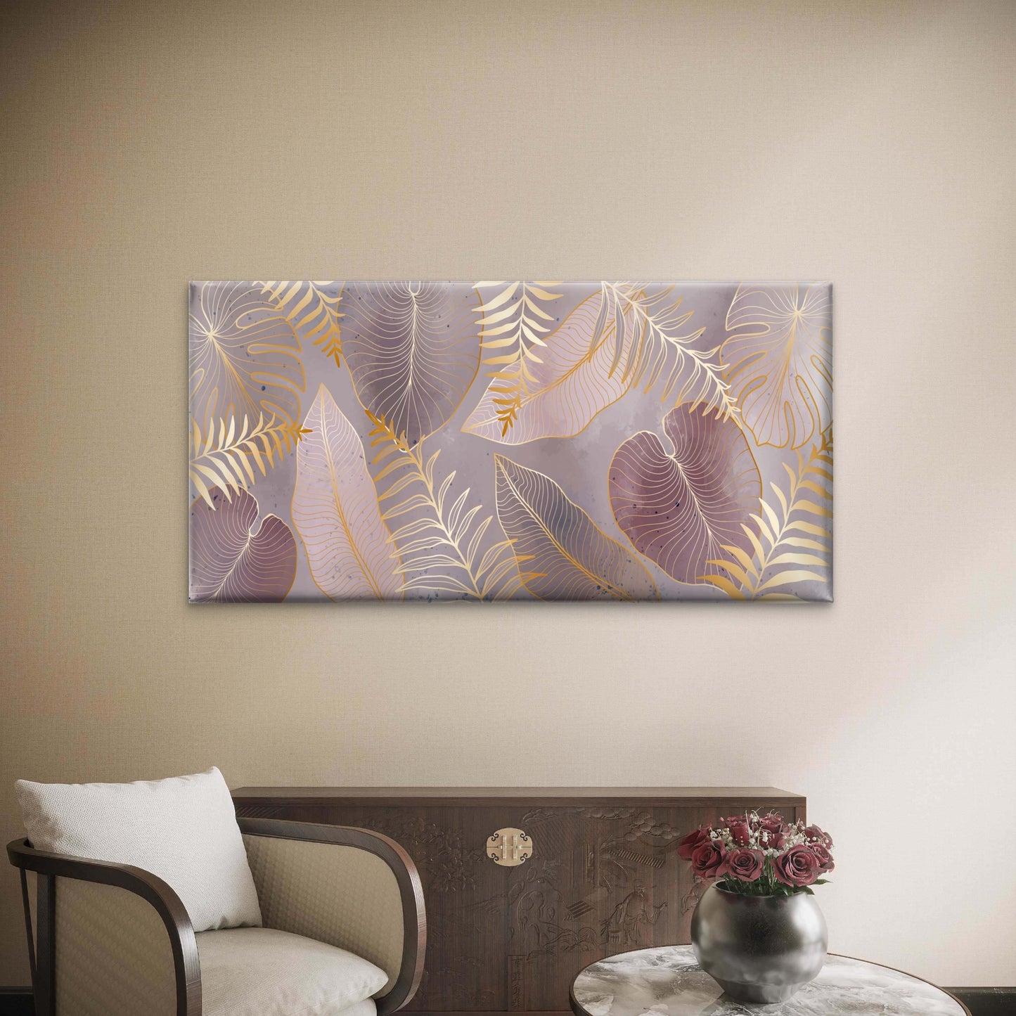 Metallic Foil Leaves Shine Wall Art Canvas Office Home Room Framed 120x60cm - Bella Home Decor