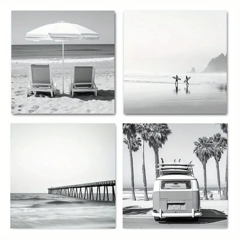 4pcs Coastal Beach, Retro Car, Palm Trees & Pier Wall Art Canvas Framed