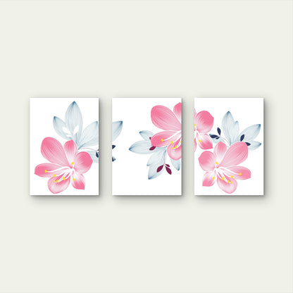 3pcs Pink Lily Flower Blue Botanical Leaf  Wall Art Set Canvas Framed 40x60cm - High Quality Print 100% Australian Made Wall Canvas Ready to Hang