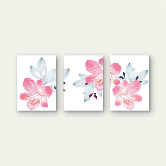 3pcs Pink Lily Flower Blue Botanical Leaf Wall Art Set Canvas Framed 60x90cm - High Quality Print 100% Australian Made Wall Canvas Ready to Hang