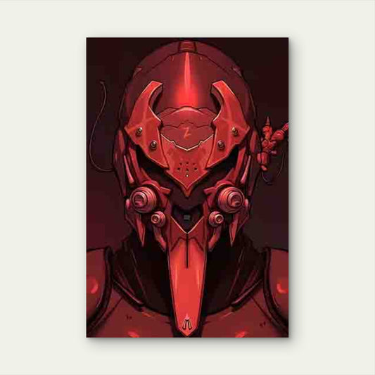 Sci-Fi Style Red Mechanical Helmet Design 60x90cm Metal Print Ready to Hang