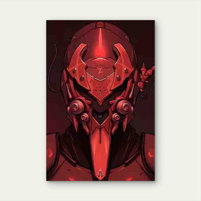 Sci-Fi Style Red Mechanical Helmet Design 40x60cm Metal Print Ready to Hang - Bella Home Decor