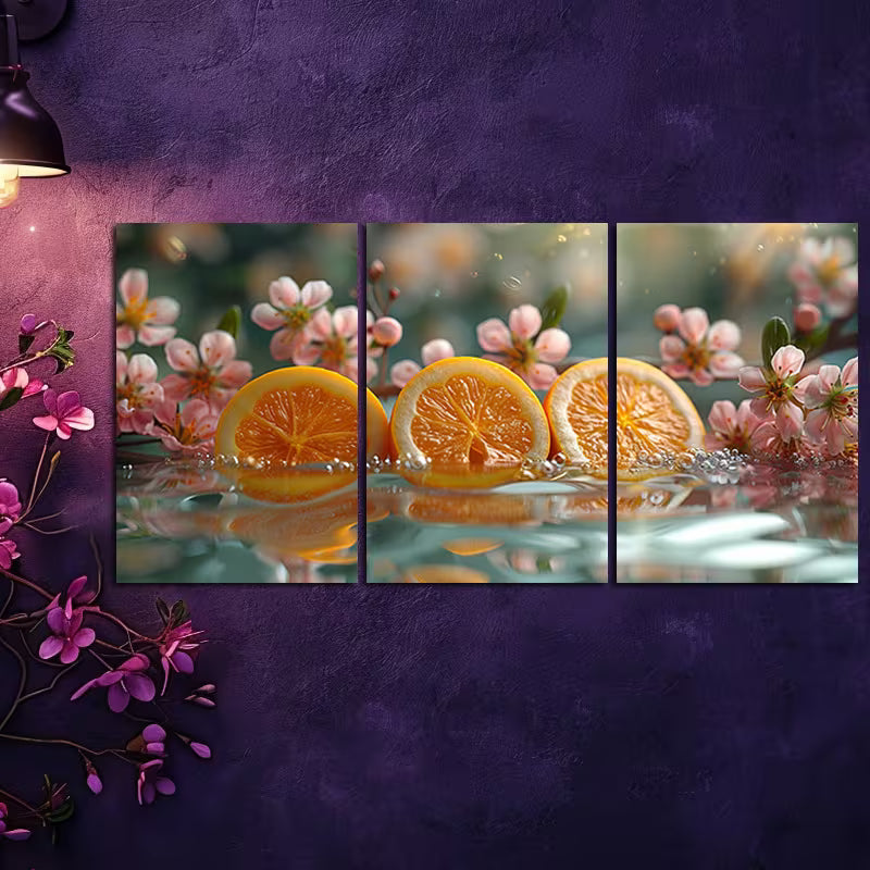 3pcs Vibrant Lemon & Pink Cherry Blossom Design Wall Art Set Canvas Framed 50x70cm - High Quality Print 100% Australian Made Wall Canvas Ready to Hang