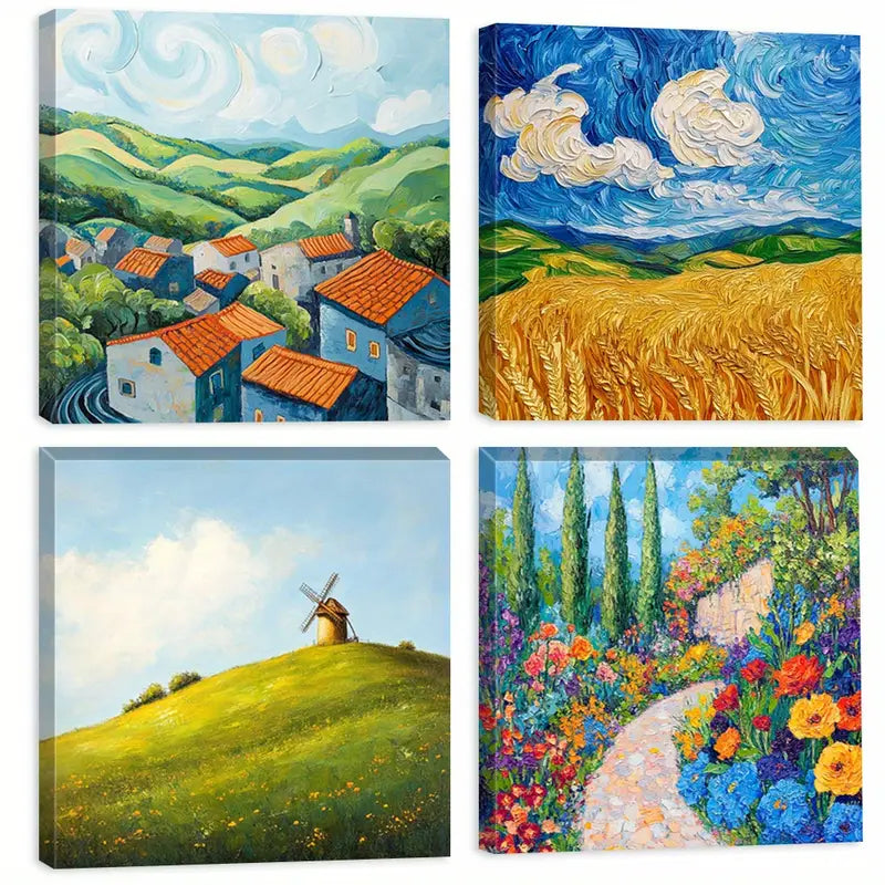 4pcs Floral & Countryside Scenery Wall Art Canvas Framed