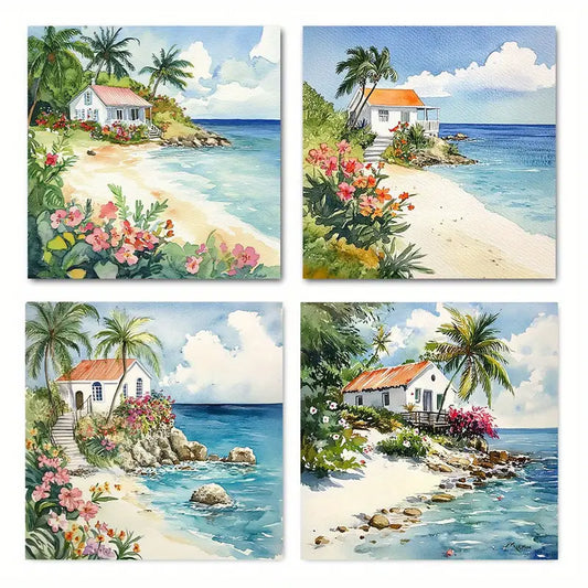 4pcs Beach House And Flower Picture Wall Art Canvas Framed