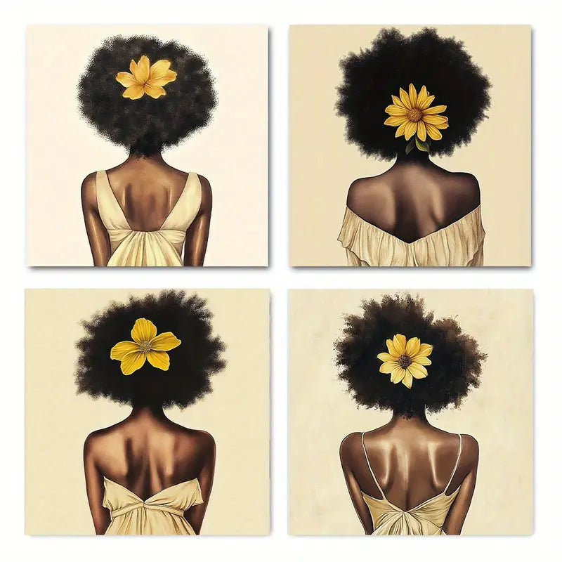 4pcs  Black Beaut African American Woman MN    Wall Art Canvas Framed