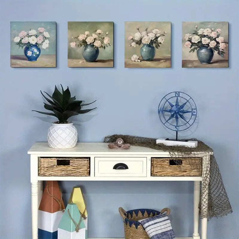 4pcs Floral Prints with Elegant Blue Vase FP  Wall Art Canvas Framed