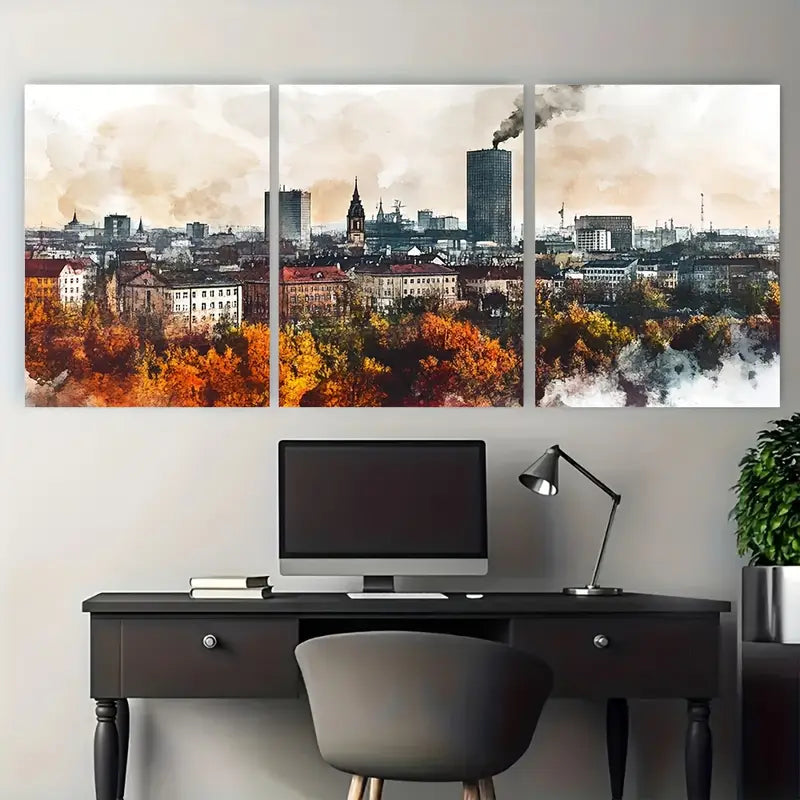 3pcs Vibrant Cityscape Art, Material, Metal Print Ready to Hang Art