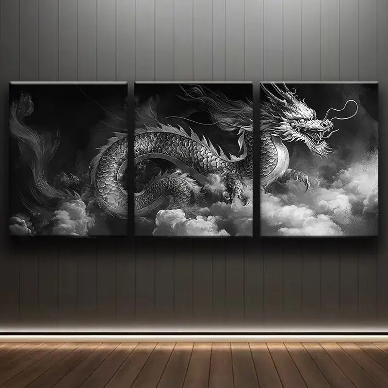 3pcs Elegant Black & White Dragon  Metal Print Ready to Hang Art