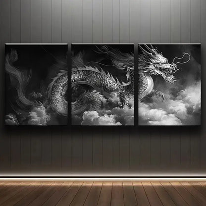 3pcs Elegant Black & White Dragon  Metal Print Ready to Hang Art
