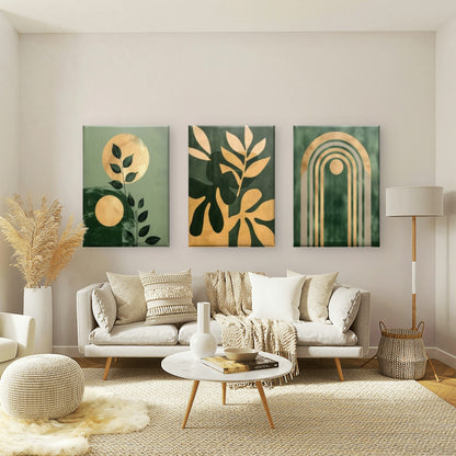 3pcs Mid Century Sage Green Gold Arch Botanical Boho Geometric Wall Art Set Canvas Framed 50x70cm - High Quality Print 100% Australian Made Wall Canvas Ready to Hang