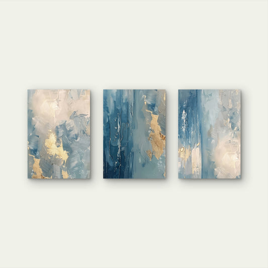 3pcs Light Blue Gold Abstract Oil Painting Wall Art Set Canvas Framed 60x90cm - High Quality Print 100% Australian Made Wall Canvas Ready to Hang