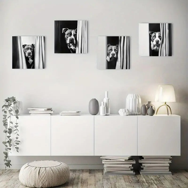 4pcs Dog Peeking Out Of Shower Curtain Wall Art Canvas Framed - Bella Home Decor