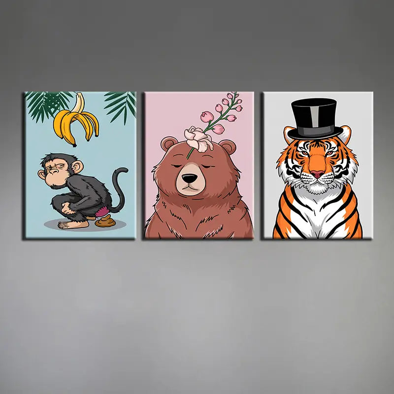 3pcs Jungle Wildlife Oil Painting Mural Metal Print Ready to Hang Art