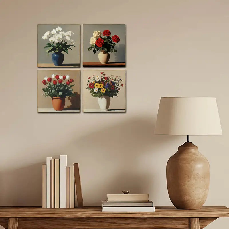 4pcs Blue,White,Brown And Beige Flower Vase Wall Art Canvas Framed