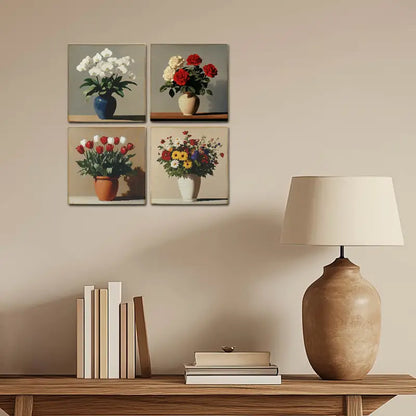 4pcs Blue,White,Brown And Beige Flower Vase Wall Art Canvas Framed