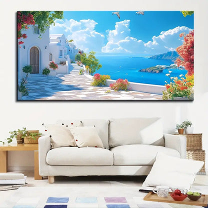Santorini Seascape Artwork wall canvas office home room framed 120x60cm - Bella Home Decor