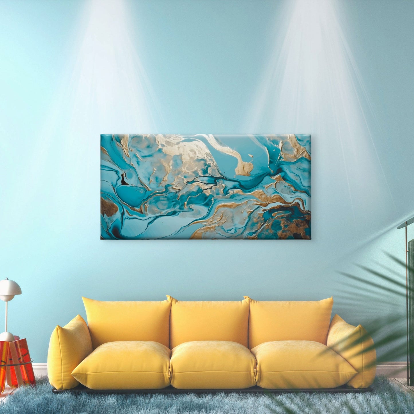 Aqua Gold Watercolor Effect Luxury Wall Art Canvas Office Home Framed 120x60cm