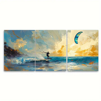 3pcs Kitesurfing Ocean Adventure Poster Wall Art Set Canvas Framed 50x70cm - High Quality Print 100% Australian Made Wall Canvas Ready to Hang