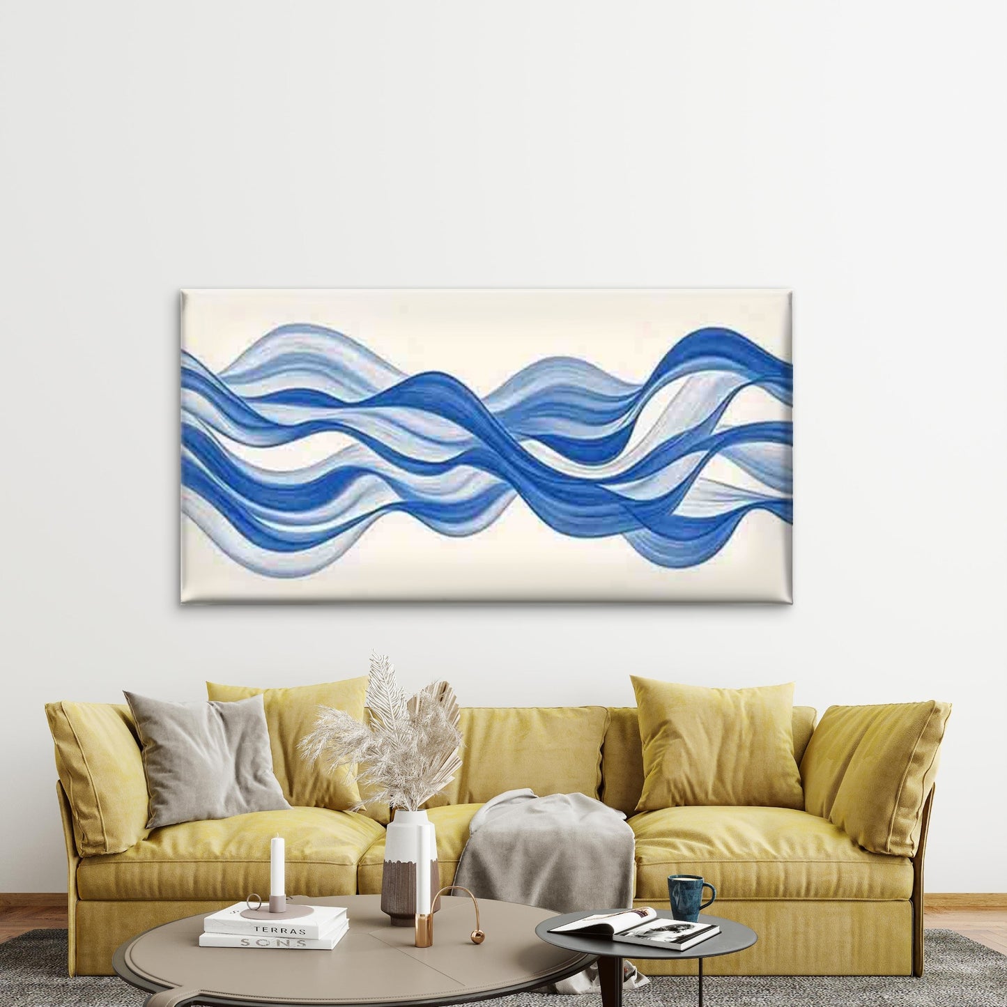 Blue Abstract Ocean Wave Wall Art Canvas Office Home Room Framed 120x60cm - Bella Home Decor